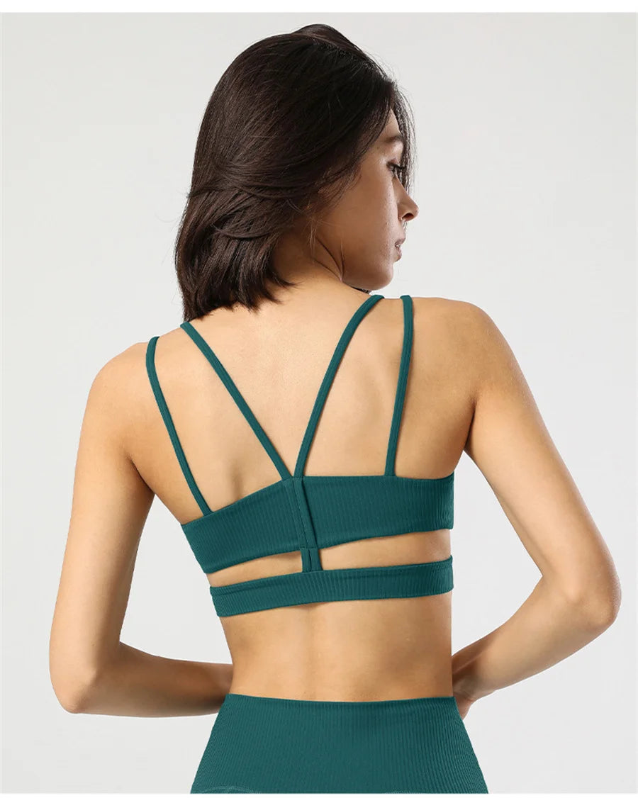 Women Cross Back Yoga Bra With Removable Pads Open Back Ballet Top Elastic Breathable Running Sports Fitness Gym Tank Top