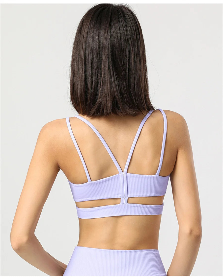 Women Cross Back Yoga Bra With Removable Pads Open Back Ballet Top Elastic Breathable Running Sports Fitness Gym Tank Top