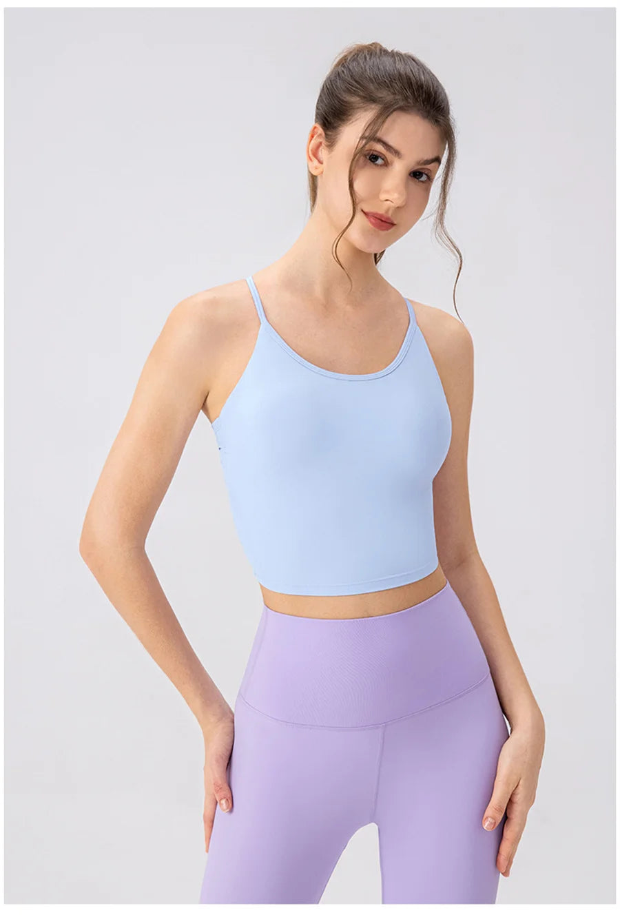 Women Cross Back Yoga Bra With Removable Pads Open Back Ballet Top Elastic Breathable Running Sports Fitness Gym Tank Top