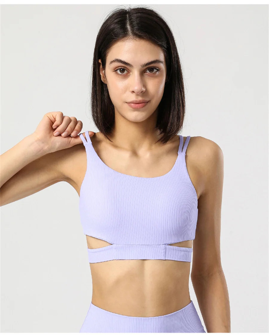 Women Cross Back Yoga Bra With Removable Pads Open Back Ballet Top Elastic Breathable Running Sports Fitness Gym Tank Top