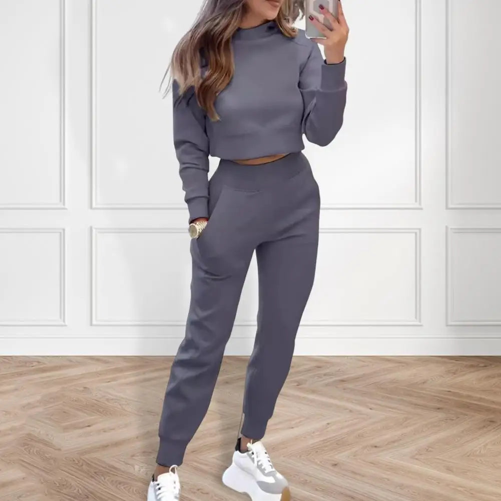 Women Top Pants Set Women's High Collar Slim Fit Sweatshirt Sweatpants Set for Autumn Casual Sport Outfit with Long Sleeves