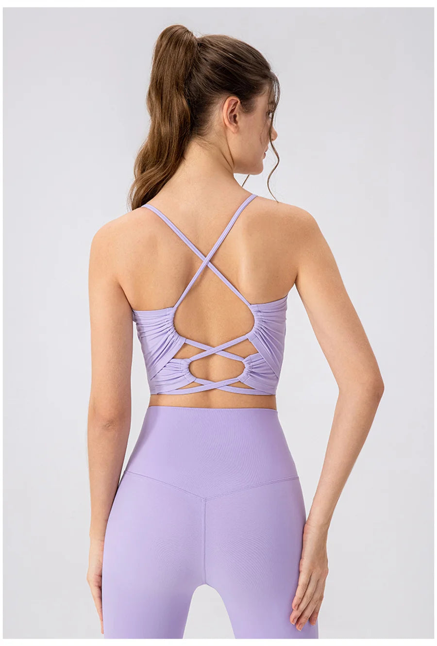 Women Cross Back Yoga Bra With Removable Pads Open Back Ballet Top Elastic Breathable Running Sports Fitness Gym Tank Top