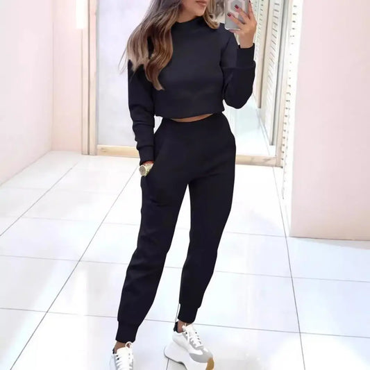 Women Top Pants Set Women's High Collar Slim Fit Sweatshirt Sweatpants Set for Autumn Casual Sport Outfit with Long Sleeves