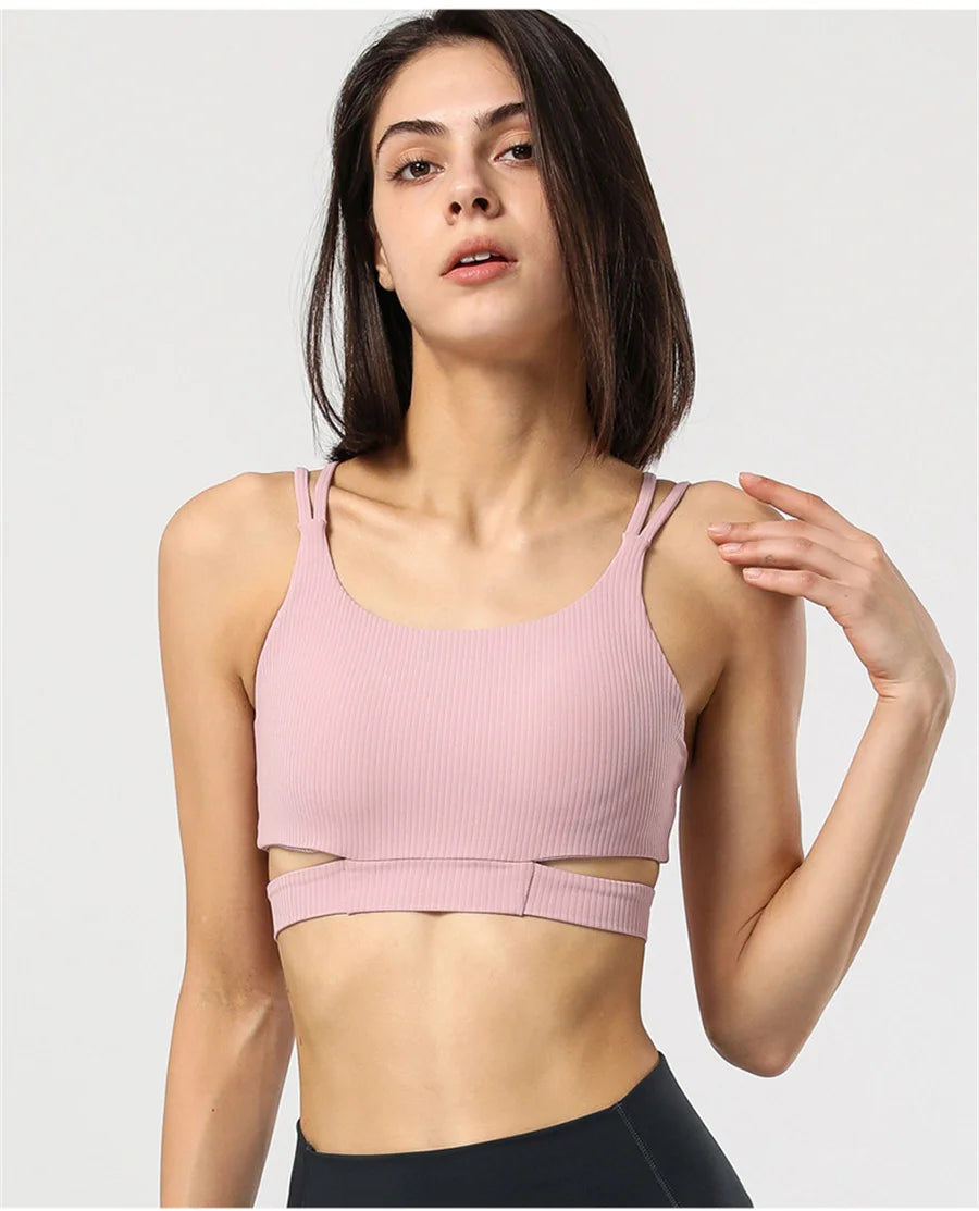 Women Cross Back Yoga Bra With Removable Pads Open Back Ballet Top Elastic Breathable Running Sports Fitness Gym Tank Top