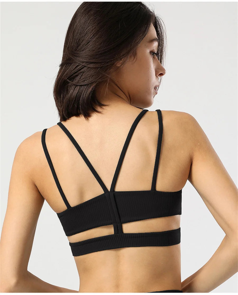 Women Cross Back Yoga Bra With Removable Pads Open Back Ballet Top Elastic Breathable Running Sports Fitness Gym Tank Top