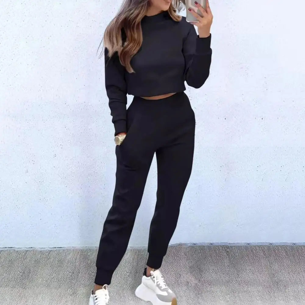 Women Top Pants Set Women's High Collar Slim Fit Sweatshirt Sweatpants Set for Autumn Casual Sport Outfit with Long Sleeves